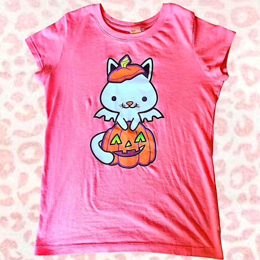 Y2K Scenecore Emo Ravecore Pumpkin Ghost Cat Halloween Pink Glitter Baby Tee